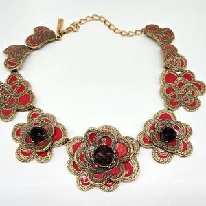 Oscar de la Renta Swarovski Crystal and Enamel Flower Statement Necklace